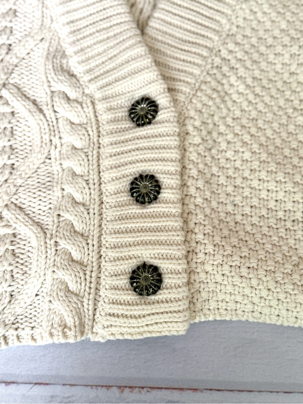 POL Cream Cable Knit Cardigan Quilted Pink Satin Patchwork Button Front Size M - Picture 10 of 15